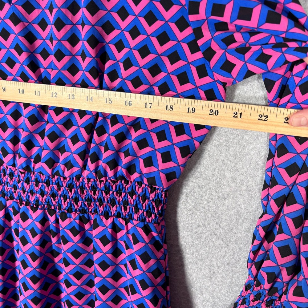 Pretty Garden Tiered Midi Dress XL Pink‎ Blue Geometric Smocked Retro Maximalist - Picture 7 of 13